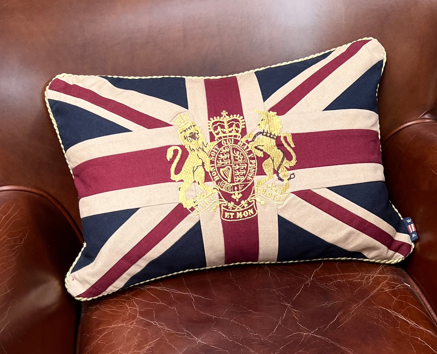 Union Jack Cushion with Gold Embroidered Coat of Arms