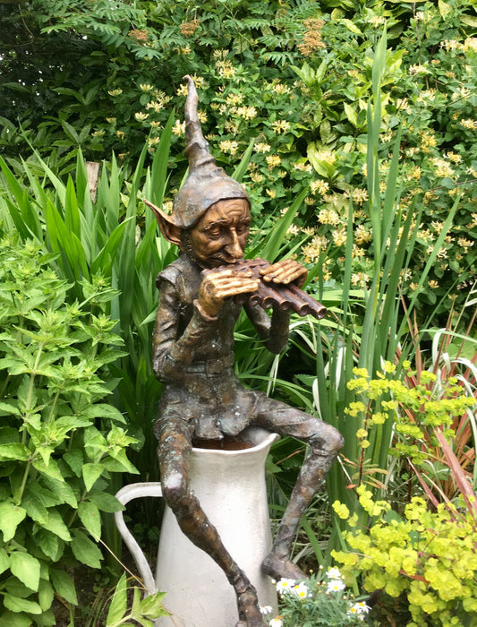 Bronze Seated Whimsical Goblin Playing Pan Pipes - Lost Wax Sculpture