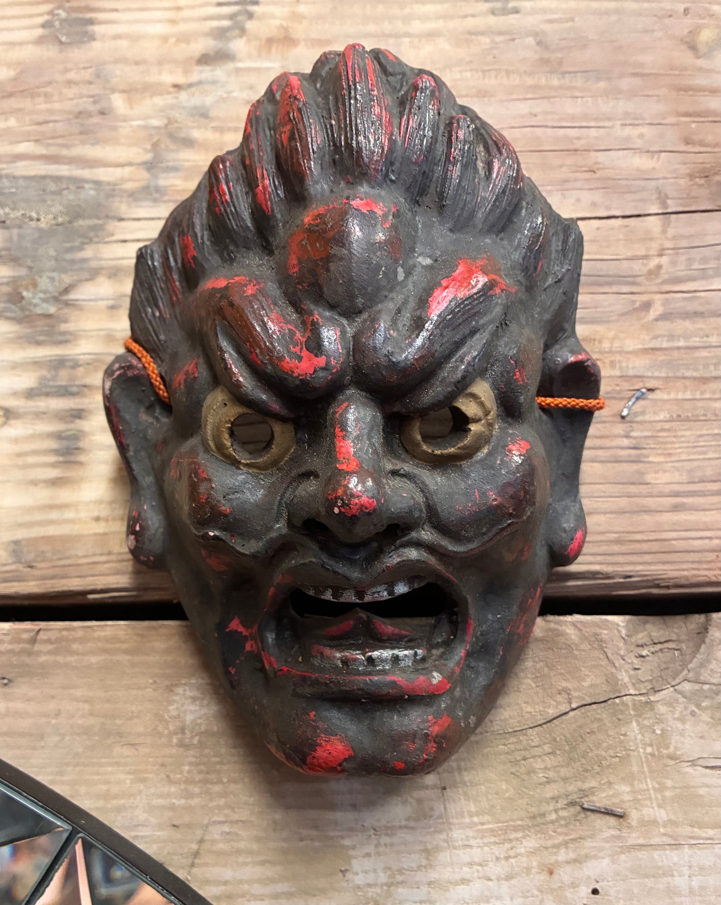 Vintage Japanese Warrior Mask | Hand-Carved Wood | Showa Era Folk Art | Basara Demon Guardian