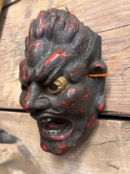 Vintage Japanese Warrior Mask | Hand-Carved Wood | Showa Era Folk Art | Basara Demon Guardian
