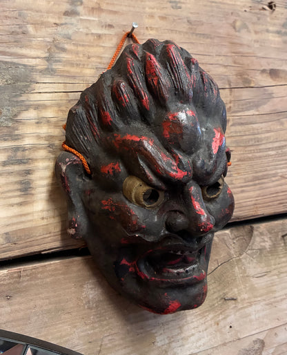 Vintage Japanese Warrior Mask | Hand-Carved Wood | Showa Era Folk Art | Basara Demon Guardian