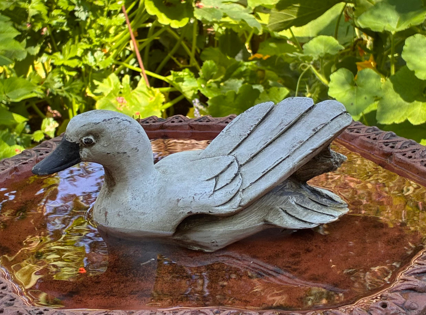 Stone Welsh Harlequin Duck Sculpture | Wings Up | Handmade Garden Ornament