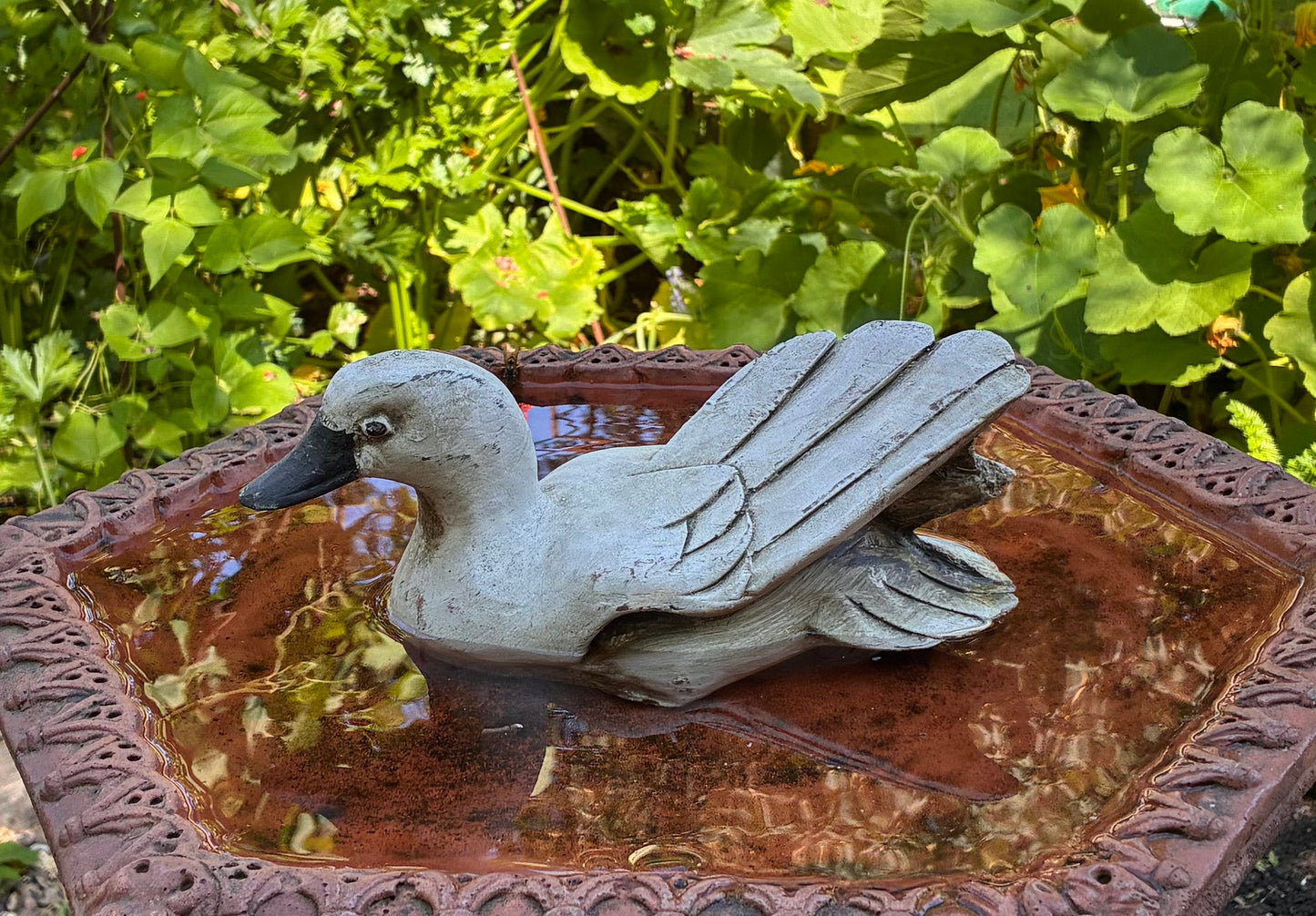 Stone Welsh Harlequin Duck Sculpture | Wings Up | Handmade Garden Ornament