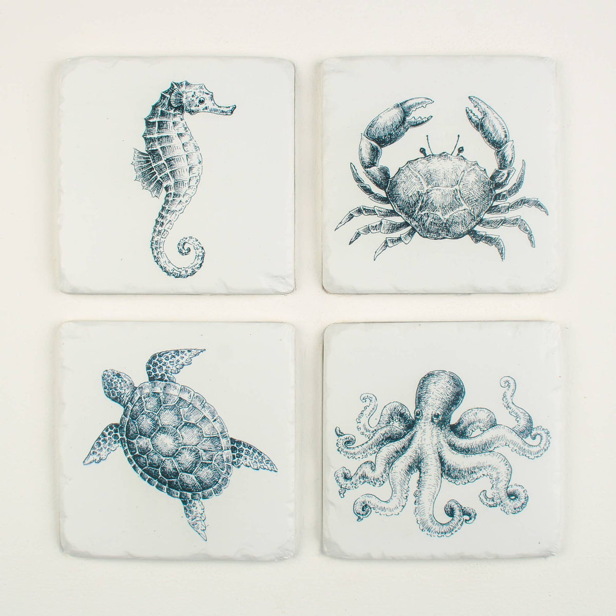 Blue & White Coastal Sealife Coaster Set of Four