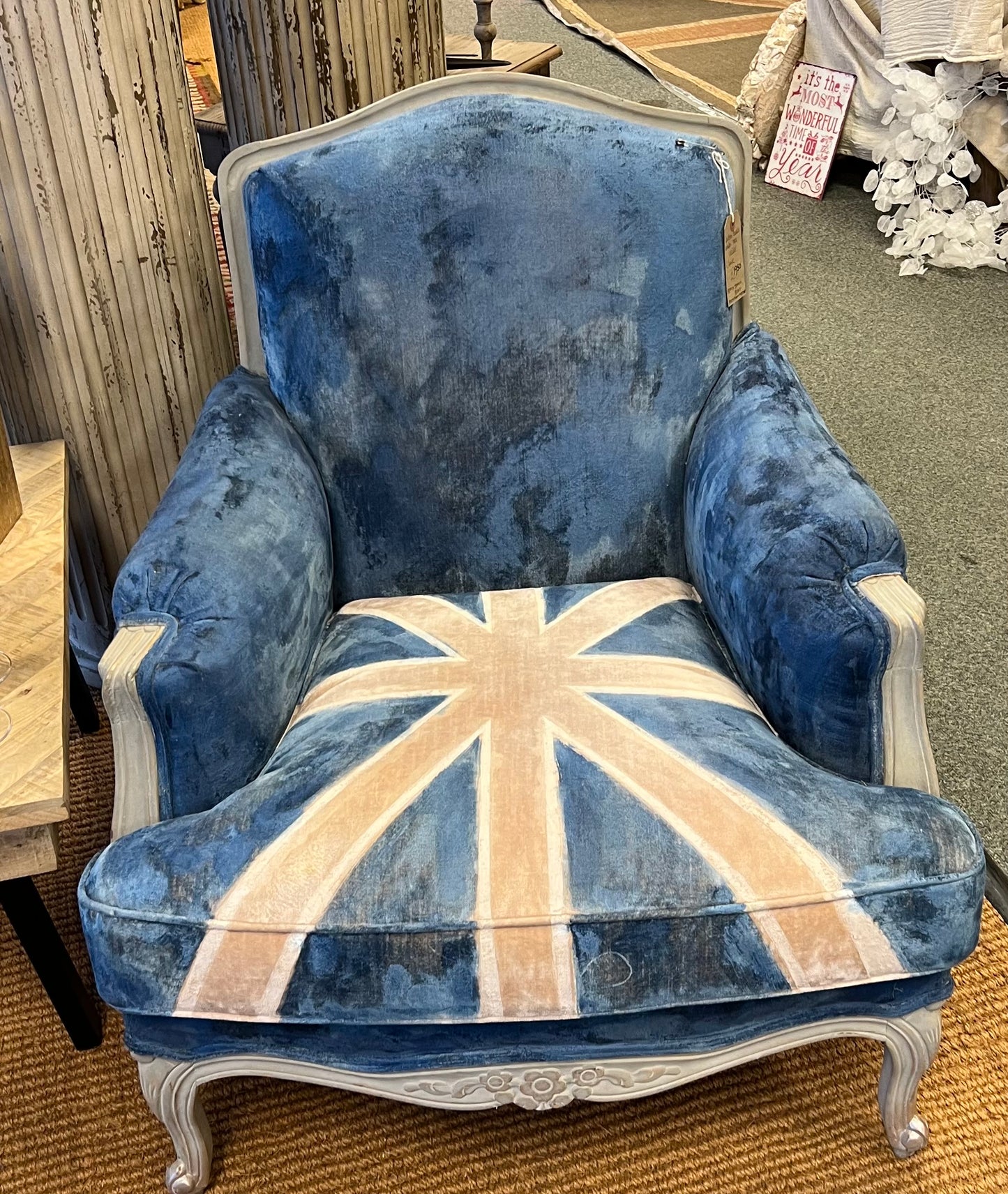 Unique Union Jack velvet upholstered chair