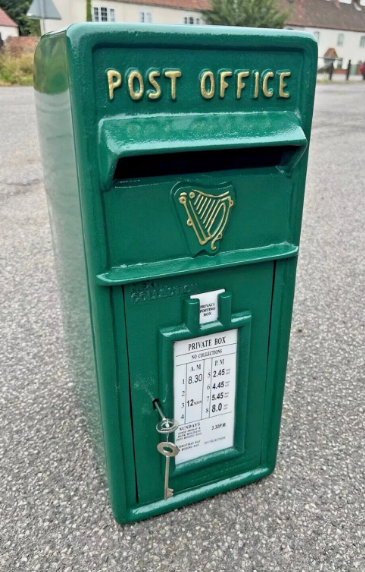 Irish Green Vintage Post Box | Cast Iron Front | 1970s Harp Design