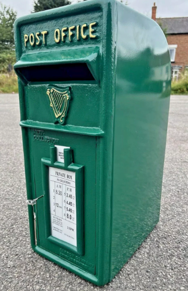 Irish Green Vintage Post Box | Cast Iron Front | 1970s Harp Design