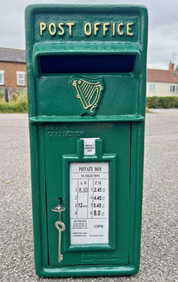 Irish Green Vintage Post Box | Cast Iron Front | 1970s Harp Design