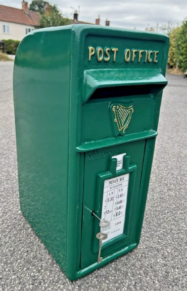 Irish Green Vintage Post Box | Cast Iron Front | 1970s Harp Design