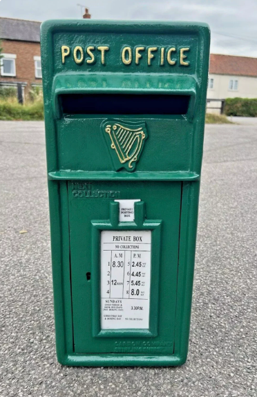 Irish Green Vintage Post Box | Cast Iron Front | 1970s Harp Design