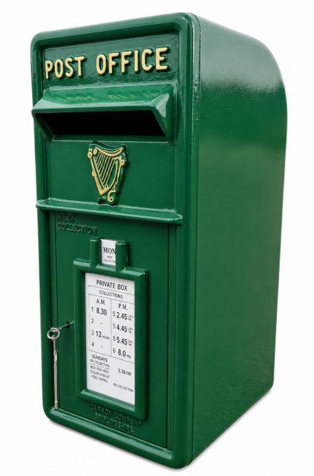Irish Green Vintage Post Box | Cast Iron Front | 1970s Harp Design