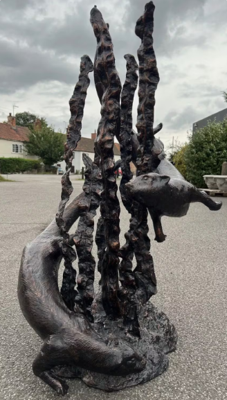 Bronze Swimming Otters Fountain Feature | Lost Wax Cast | Garden Water Sculpture