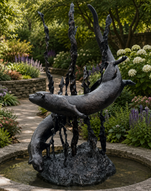 Bronze Swimming Otters Fountain Feature | Lost Wax Cast | Garden Water Sculpture