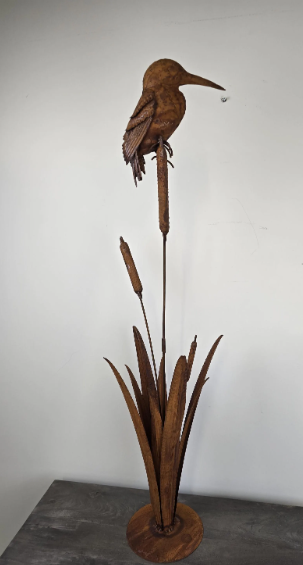 Rusty Bird on Reed | Handcrafted Garden Sculpture