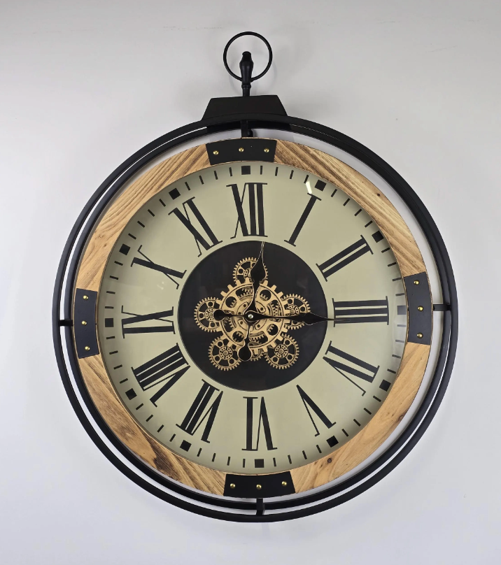 Large Wall Clock with White Face and Roman Numerals - 74cm Metal & Wood