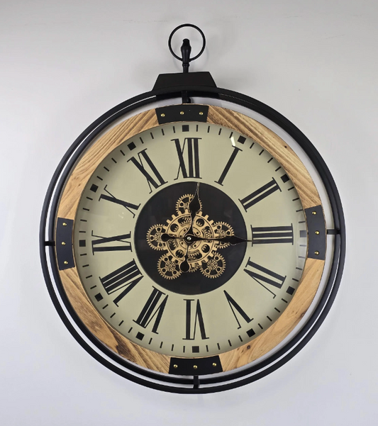 Large Wall Clock with White Face and Roman Numerals - 74cm Metal & Wood