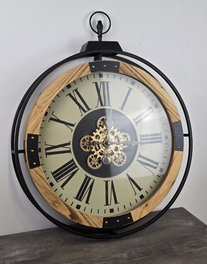 Large Wall Clock with White Face and Roman Numerals - 74cm Metal & Wood