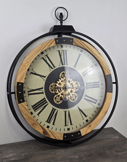 Large Wall Clock with White Face and Roman Numerals - 74cm Metal & Wood