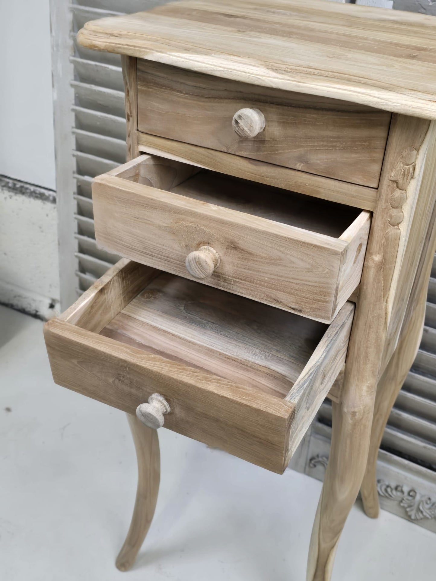 Raw Teak medium 72cm bedside table with three drawers