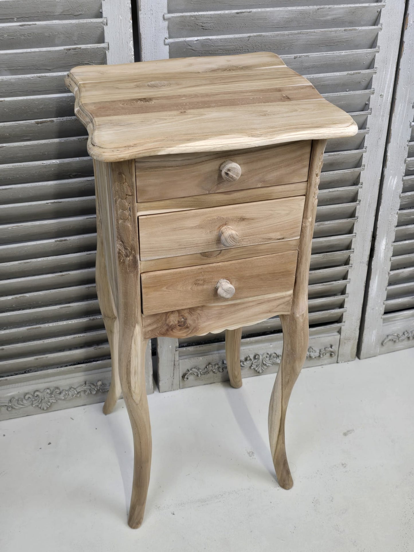 Raw Teak medium 72cm bedside table with three drawers