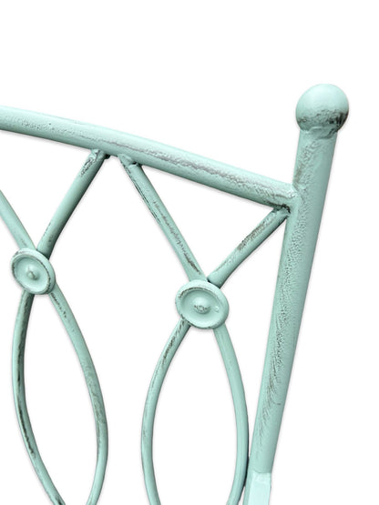 Vintage Pistachio Green Metal Garden Bench with Lattice Detail