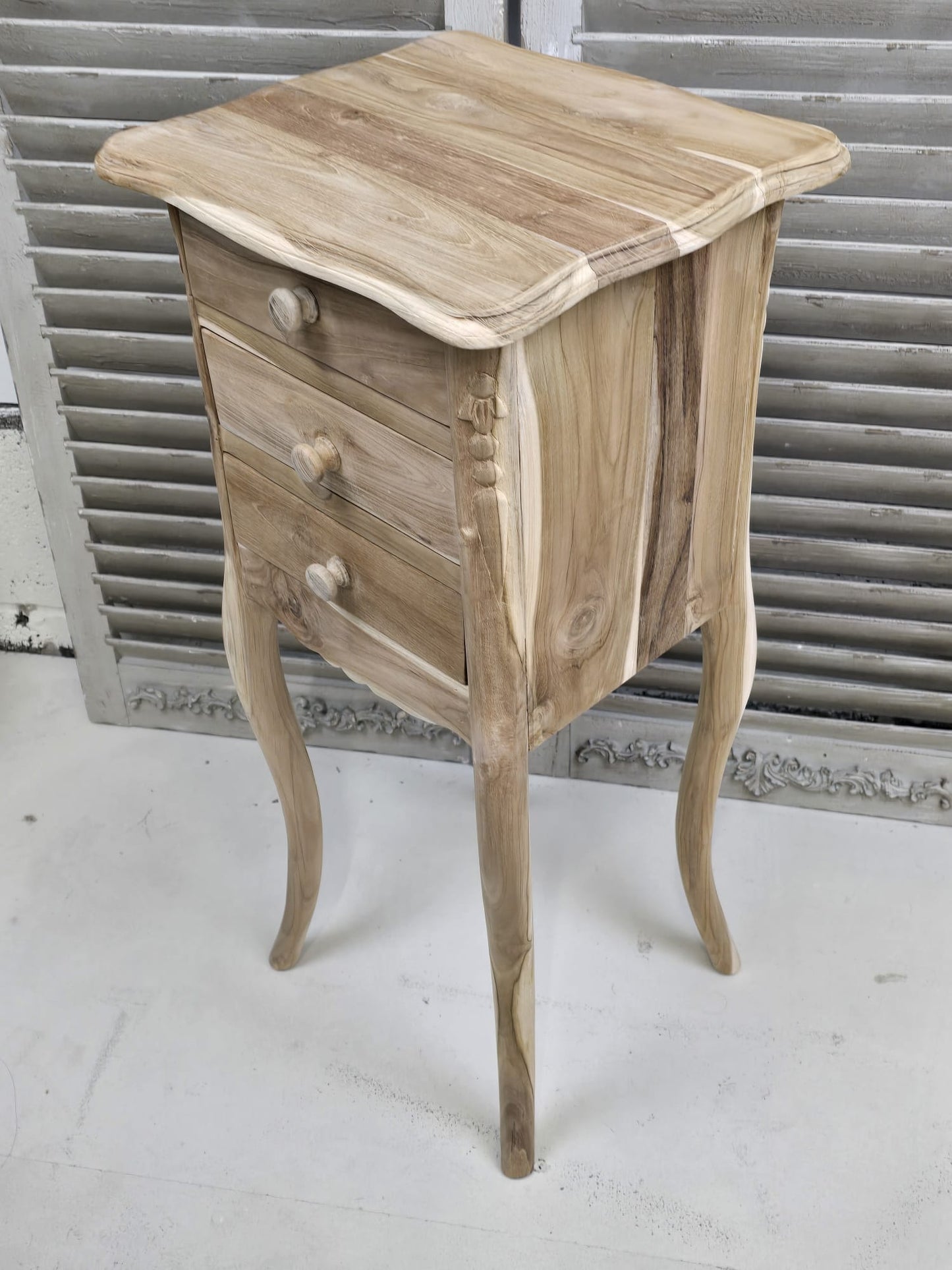 Raw Teak medium 72cm bedside table with three drawers