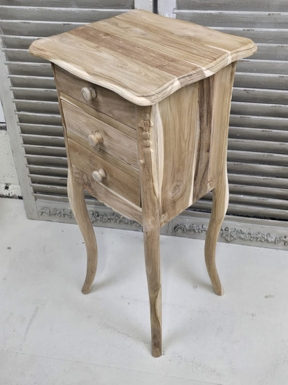 Raw Teak medium 72cm bedside table with three drawers