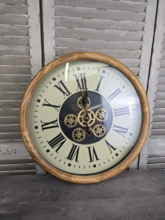 Wooden Surround Wall Clock with Roman Numerals & Moving Cogs - 50cm
