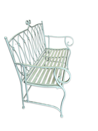 Vintage Pistachio Green Metal Garden Bench with Lattice Detail