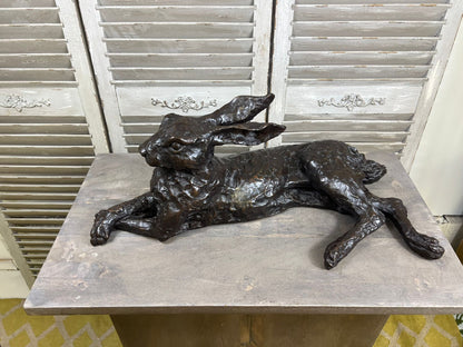 Bronze Laying Hare Sculpture - Lost Wax Method 70cm