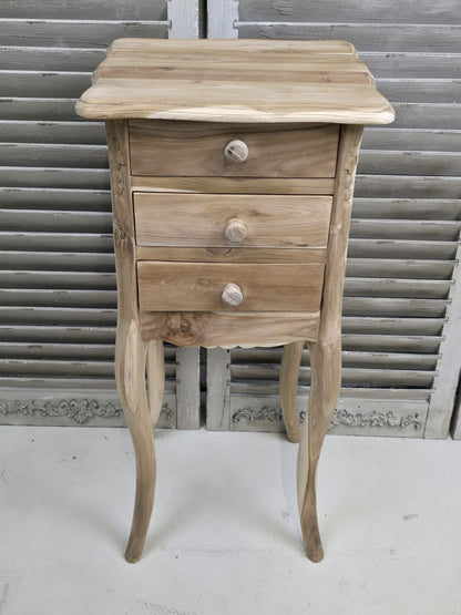 Raw Teak medium 72cm bedside table with three drawers