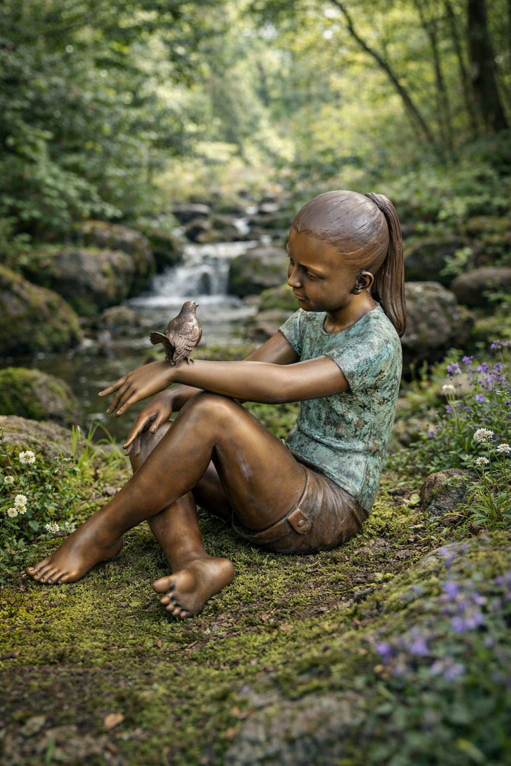 Lost Bronze Child with Bird - Life-Size Garden Sculpture, pre loved