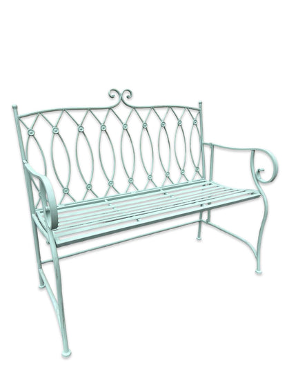 Vintage Pistachio Green Metal Garden Bench with Lattice Detail
