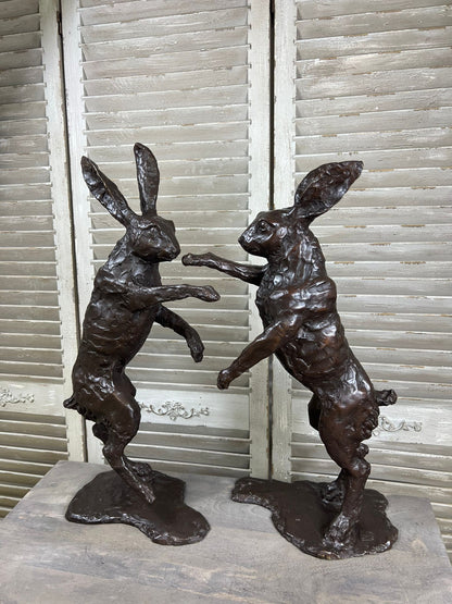 Bronze Boxing hare pair
