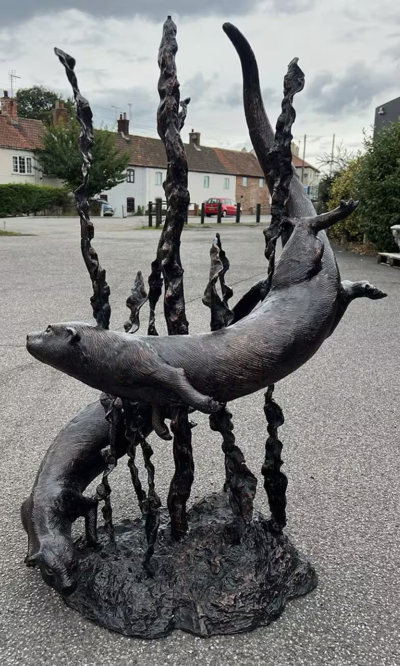 Bronze Swimming Otters Fountain Feature | Lost Wax Cast | Garden Water Sculpture