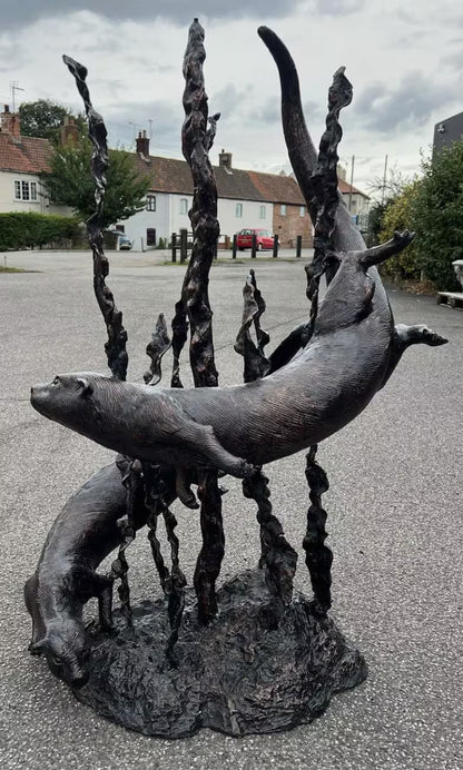 Bronze Swimming Otters Fountain Feature | Lost Wax Cast | Garden Water Sculpture