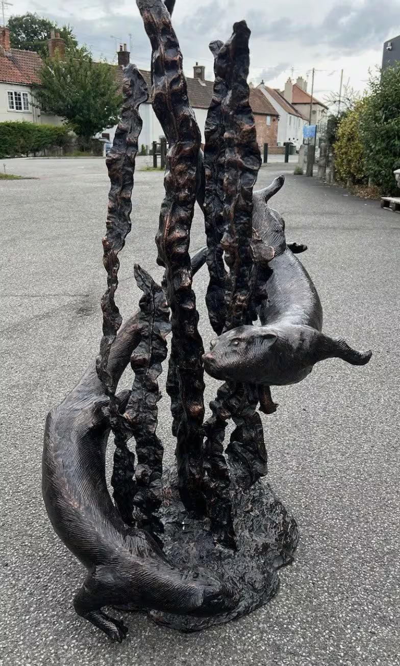 Bronze Swimming Otters Fountain Feature | Lost Wax Cast | Garden Water Sculpture
