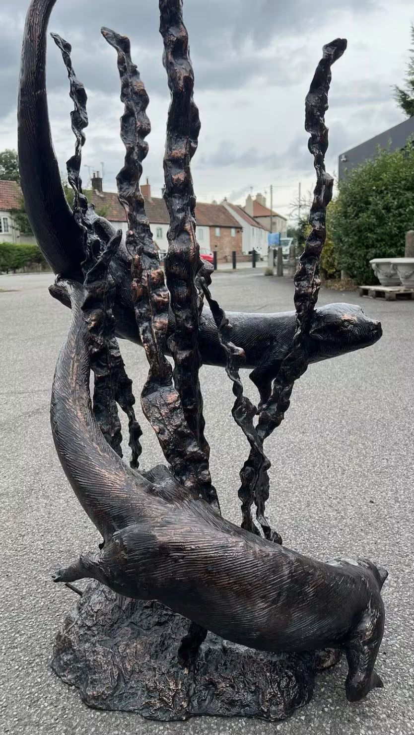 Bronze Swimming Otters Fountain Feature | Lost Wax Cast | Garden Water Sculpture