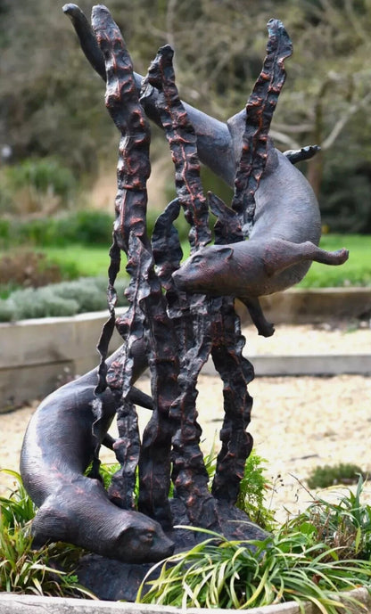 Bronze Swimming Otters Fountain Feature | Lost Wax Cast | Garden Water Sculpture