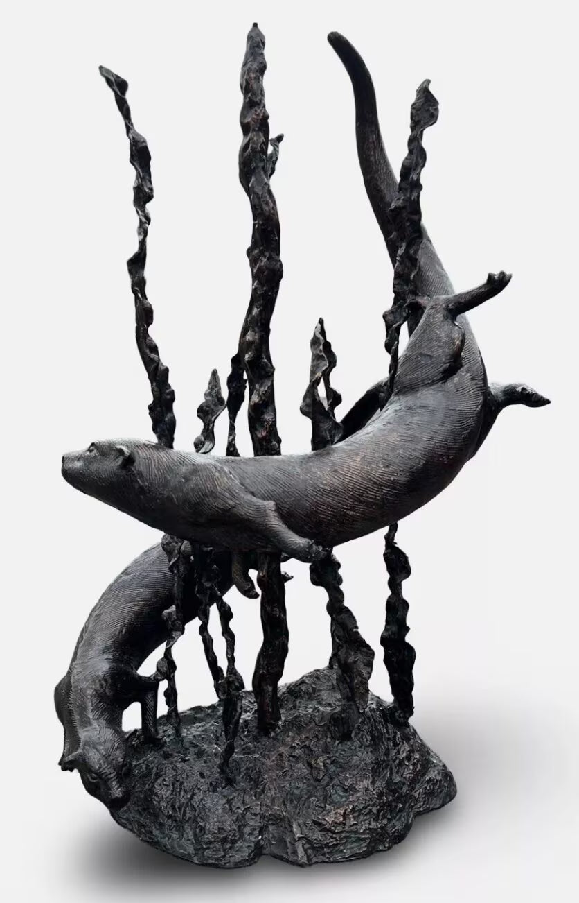 Bronze Swimming Otters Fountain Feature | Lost Wax Cast | Garden Water Sculpture