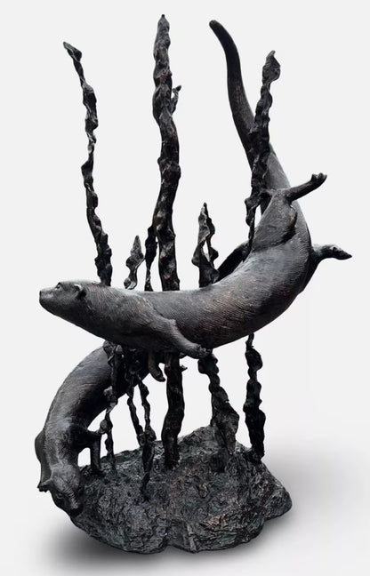 Bronze Swimming Otters Fountain Feature | Lost Wax Cast | Garden Water Sculpture