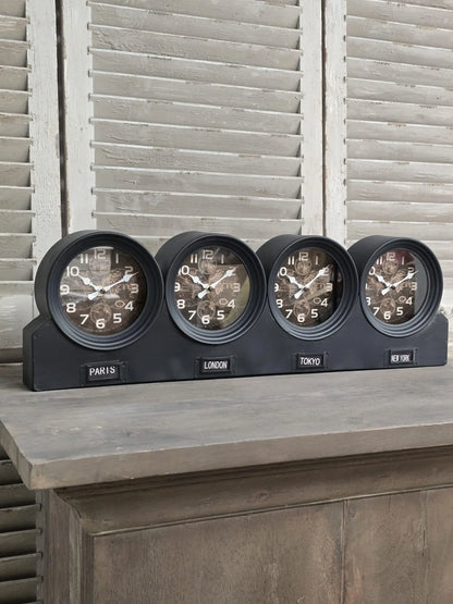 Four Time Zone Mantle Clock | Metal | Glass Faces | Desk & Mantelpiece