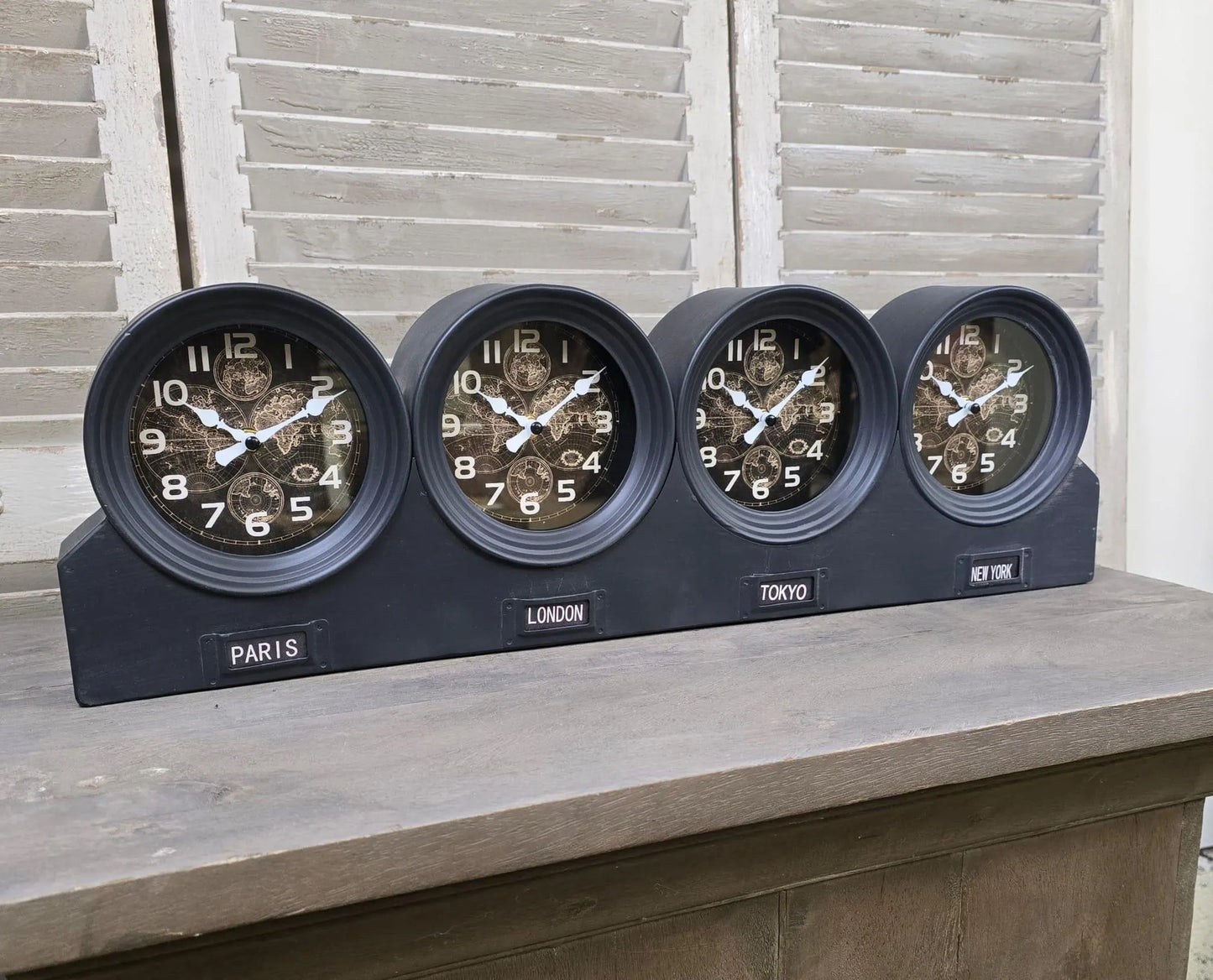 Four Time Zone Mantle Clock | Metal | Glass Faces | Desk & Mantelpiece