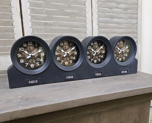 Four Time Zone Mantle Clock | Metal | Glass Faces | Desk & Mantelpiece