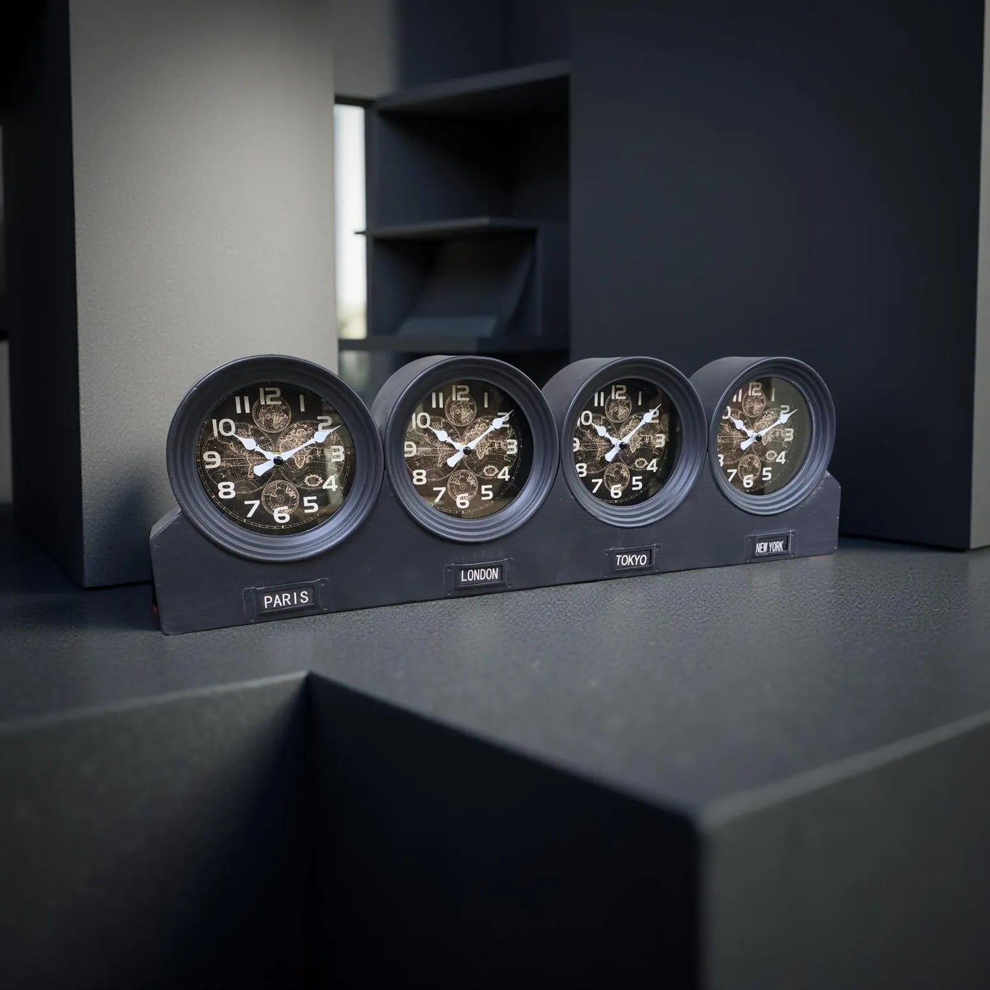 Four Time Zone Mantle Clock | Metal | Glass Faces | Desk & Mantelpiece