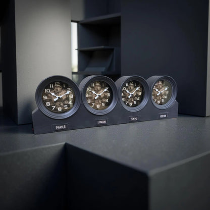Four Time Zone Mantle Clock | Metal | Glass Faces | Desk & Mantelpiece