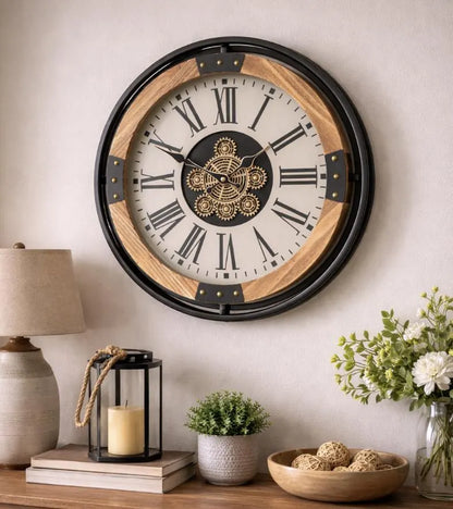Small Wall Clock with White Face and Roman Numerals - 40cm Metal & Wood