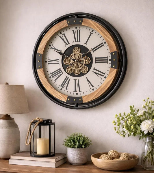Small Wall Clock with White Face and Roman Numerals - 40cm Metal & Wood