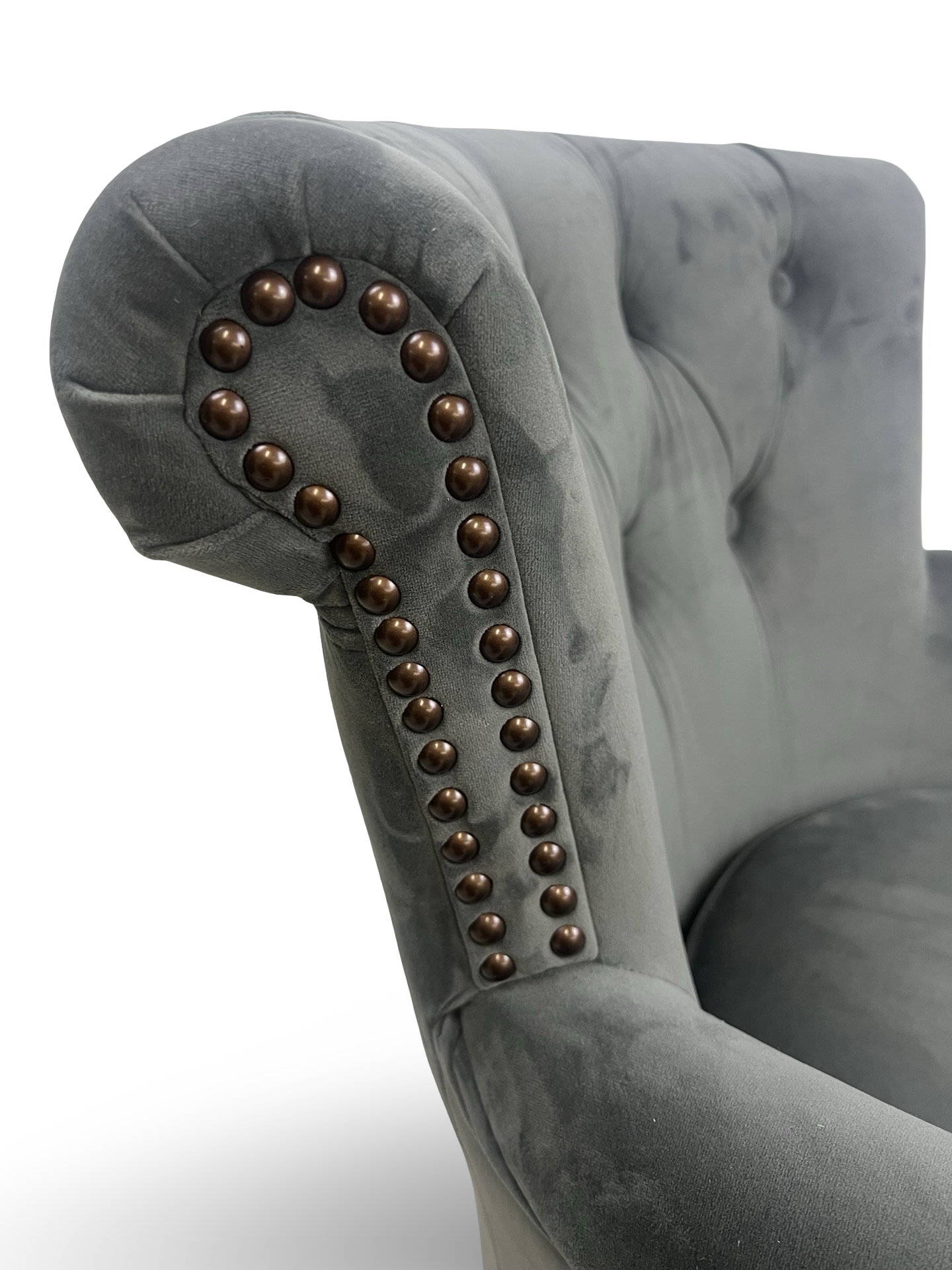 Elegant Grey Velvet Upholstered Armchair - Classical Button Back Design