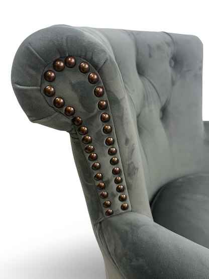 Elegant Grey Velvet Upholstered Armchair - Classical Button Back Design
